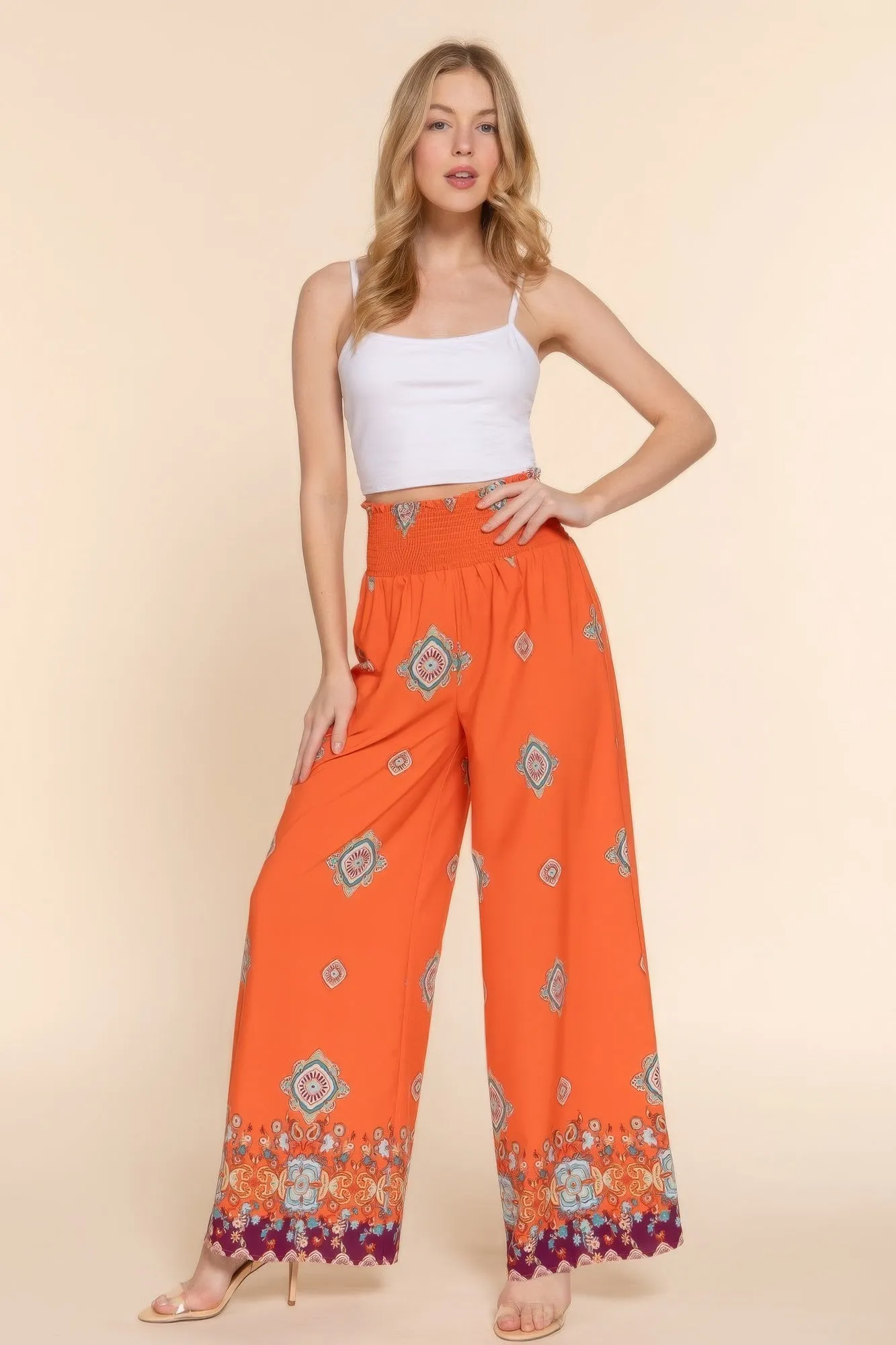 Wide Leg Border Print Woven Boho Pants