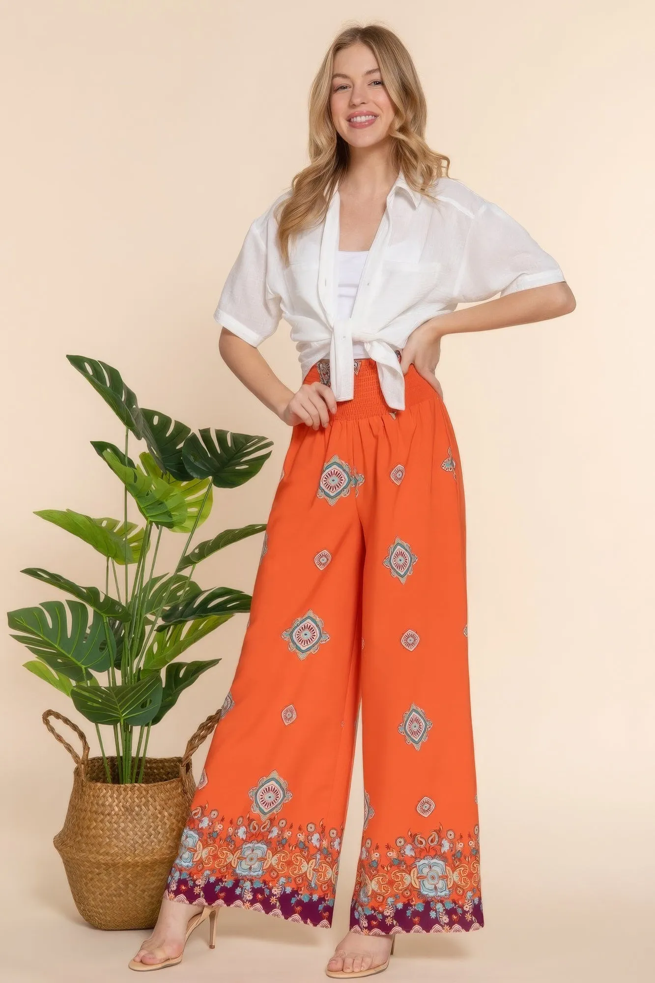 Wide Leg Border Print Woven Boho Pants