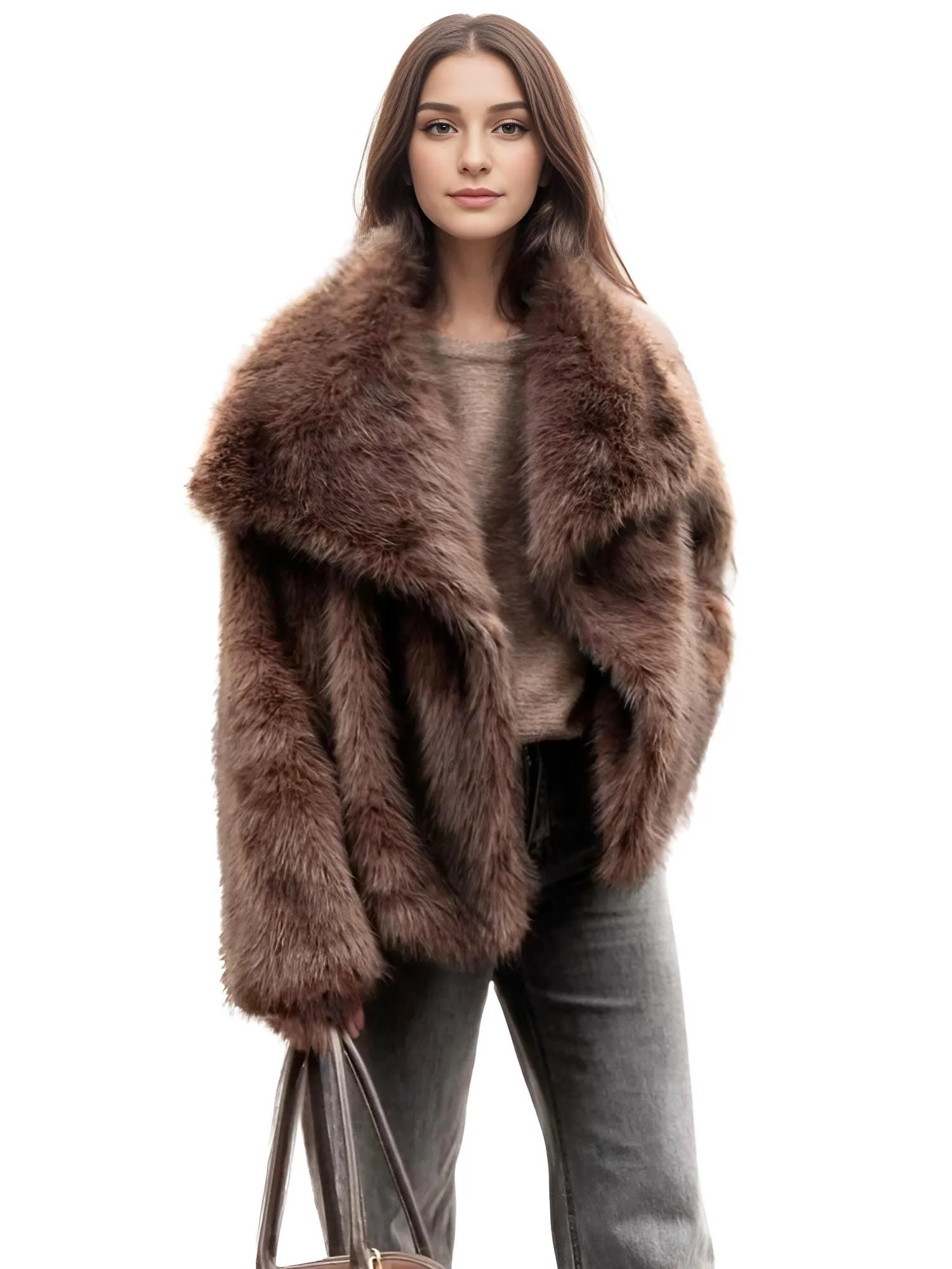 Women's Retro Oversized Collar Faux Fur Coat Winter Thick Warm Solid Color Furry Jacket Female High Street Outerwear