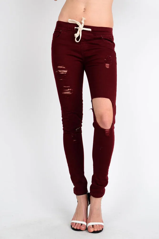 Women's Solid Torn Skinny Jogger Pants