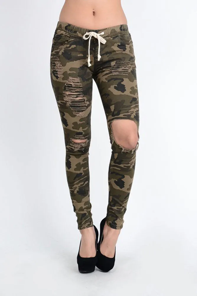 Women's Solid Torn Skinny Jogger Pants